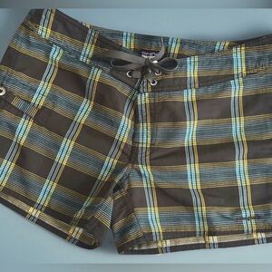 Patagonia Women’s Teens Brown Blue Yellow Plaid Board Shorts 10